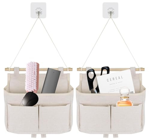 SPHERETRON 2 Stück Hängeorganizer,Hängende Aufbewahrungstasche,High Capacity Faltbares Wandorganizer, Taschen Wandorganizer Tasche mit 3 Fächer mit Klebriger Haken für Home,Diele,Kinderzimmer(Beige)