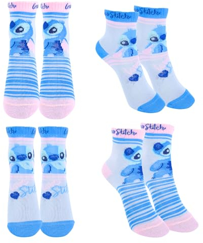Disney Stitch Socken, Stitch Design, 4er-Pack Socken für Mädchen, Klassische Socken, Geschenk für Mädchen und Teenager, Größen EU 23 bis 34 (DE/NL/SE/PL, Numerisch, 23, 26, Regular, Mehrfarbig)