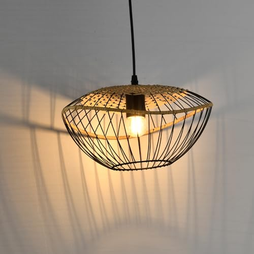 LQWELL® E27 Hängelampe Schwarz, Retro Pendellampe Hängeleuchte Vertigo Lampe Höhenverstellbare Kronleuchter Metall Rattan, für Wohnzimmer Schlafzimmer Esszimmer Cafés Studio Bartheke