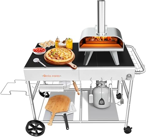 GRILL FORCE Tavolo da forno per pizza da esterno per Ooni, Ninja Woodfire, Blackstone da tavolo, tavolo portatile per barbecue e tavolo da lavoro per la preparazione degli alimenti, carrello mobile