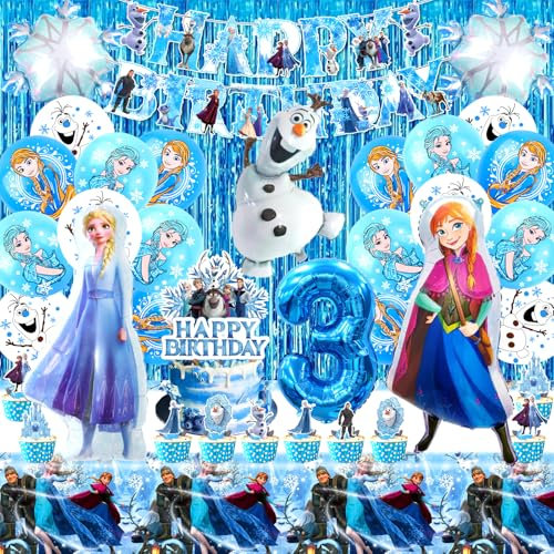 Froze Geburtstagsdeko 3 Jahre, 52 Stück Els Geburtstagsparty Deko Set, Eiskönigin Geburtstagsdeko, Els Ballon, Els Folienballon, Froze Tortendeko, Fahnen, Tischdecken, für Kindergeburtstage