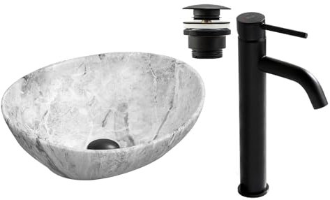 GTM Design Aufsatzwaschbecken Matt Set mit Waschtischbatterie und Stopfen - Aufsatzwaschbecken Oval für Badezimmer - Modern Waschbecken ohne Hahnloch - Waschbecken mit Armature - Modell 17