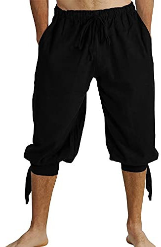 Runcati Pantaloni corti da uomo con lacci, pantaloni estivi vichinghi, da pirata, medievale, per il tempo libero, da spiaggia, Nero , M