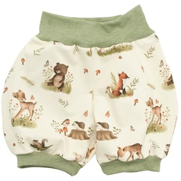 Kleine Könige Kurze Pumphose Baby Mädchen Shorts · Modell Hase REH Waldfreunde, Oliv meliert · Ökotex 100 Zertifiziert · Größe 62/68