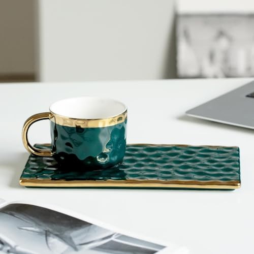 FülleMore 180ml Espressotasse mit großer Untertasse Porzellan Goldrand Cappuccino-Tasse Moderne Kaffeetasse mit Kuchenteller und Löffel für Latte,Mokka,Tee,Café,Zuhause (Grün)