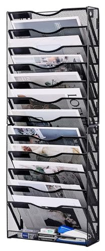 Solinxe Porte Documents Mural 12 Étages en Métal - Organisateur de Bureau Porte Revues avec Support A4 pour Papiers, Courrier, Fichiers - Bannette de Rangement, Noir (Bureau, École, Maison)