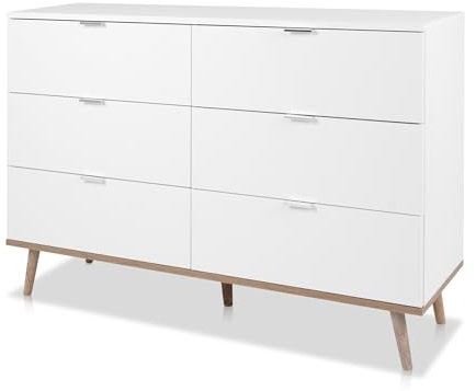 KHG Kommode 6 Schubladen Scandi, Sideboard aus Holzwerkstoff weiß foliert für Wohnzimmer und Esszimmer, 120 x 86 x 40 cm (B/H/T)