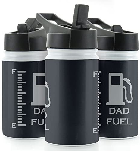 Hairyworm Dad Water Bottle, 350ml White Sports Flask with Straw Cap Flip Lid, Stainless Steel, 'Dad Fuel' Gas Fuel Pump Design Print, Drink Bottle
