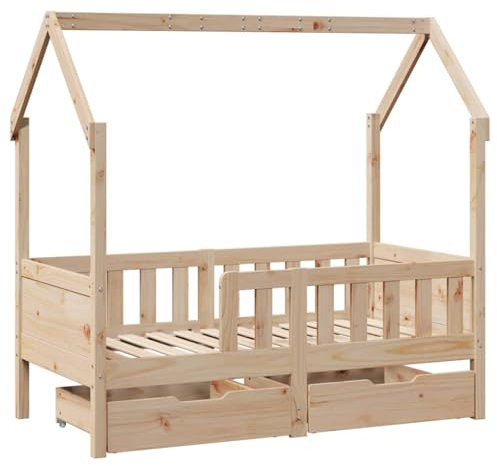 vidaXL Kinderbett, Hausbett mit Schubladen, Spielbett mit Rausfallschutz Lattenrost, Holzbett Bettgestell Kinderzimmer, 80x170cm Massivholz Kiefer