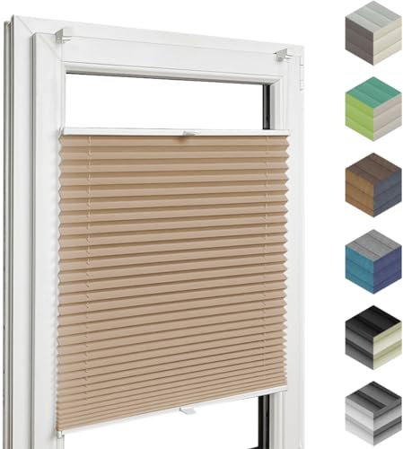 Home-Vision Premium Faltrollo Plissee ohne Bohren mit Klemmfix Lichtdurchlässig Rollo innen (Beige B55 x H130cm) Easyfix Klemmträger Verdunklung Blickdicht Sonnenschutz Jalousie für Fenster & Tür