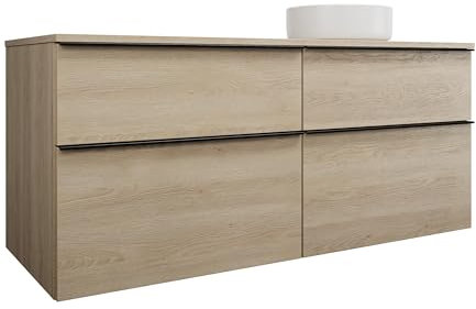 burgbad Eqio Keramik-Aufsatzwaschtisch rund, rechts, inklusive Waschtischunterschrank, Breite 1400mm, SGUW140RF3180C0001G0252, Farbe: Eiche Dekor Cashmere/Eiche Dekor Cashmere, Griffleiste Schwarz