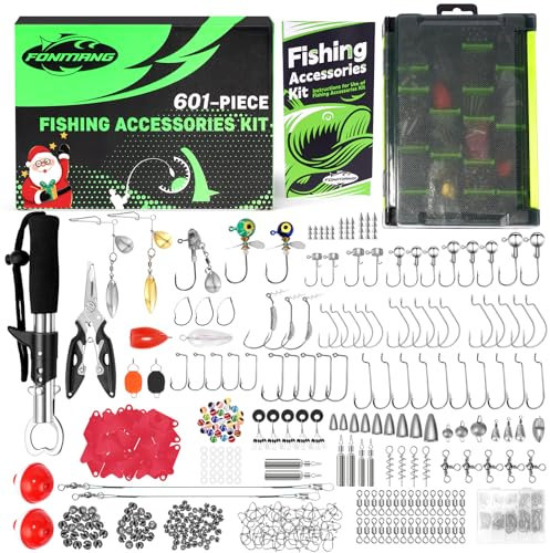 601-Piece Fishing Gear Accessories Kit, [2025 NEW] Tackle Box with Pliers, Fish Lip Grips,Tackle Storage Trays, Hooks, Weights, Jig Heads, Swivels, 21 Pre-Made Rigs – Fishing Gear for Lures Fishing