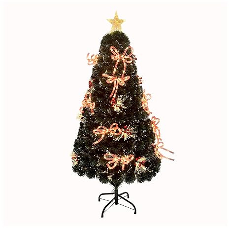 5Ft/150cm Fibre Optic Christmas Tree with Star Topper - Ribbon Bows Decorations - Green Pre-Lit Artificial Xmas Tree Featuring Red Berries, 8 Changing Light Modes