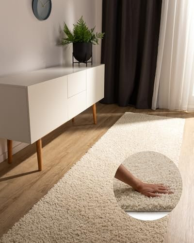 benuta Basic Hochflorteppich Teppich Wohnzimmer Sohari - Creme 70x200 cm - Minimalistischer Look - Weich & Waschbar - Für Schlafzimmer, Flur oder Esszimmer - Geeignet für Fußbodenheizung