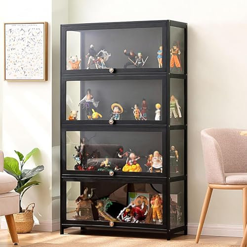 Witriolik Sammlervitrine, Vitrinenschrank Wohnzimmer Glas Vitrinenschrank, Curio-SchräNke Vitrine Harte Textur für Wohnzimmer und Büro(80x33x140cm-4 Schicht/Schwarz-Auf DREI Seiten transparent)