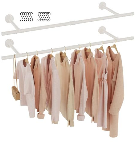 GUOHNHE Kleiderständer für die Wand, Platzsparend Kleiderstange, Wandregal Küchenregal, Garderoben Stange Industrial aus Metall, Decken-Montage, für Kleine Zimmer, 121 cm, 2 Set, Weiß, SG121W-2