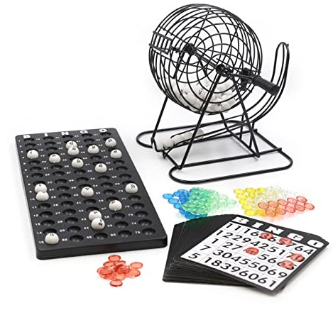Bingo Spiel Metalltrommel 18 Bingotickets 75 Bingo Kugeln 150 Chips Spielbrett schwarz Erwachsene Kinder Basic