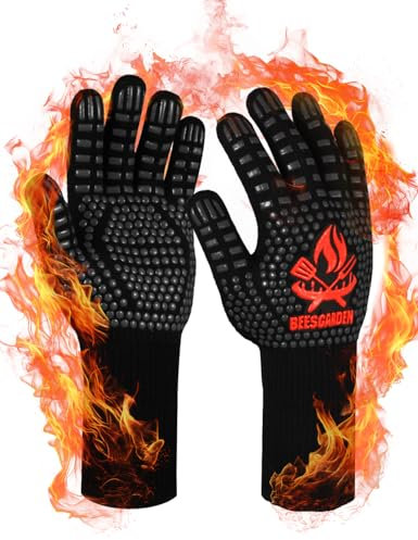 Beesgarden Grillhandschuhe Hitzebeständig bis 800°C Extrem Hitzebeständige, Feuerfest Ofenhandschuhe Topfhandschuhe BBQ Kochhandschuhe Backhandschuhe, Ideale für Ofen, BBQ, Kochen, Schwarz (L/XL/XXL)