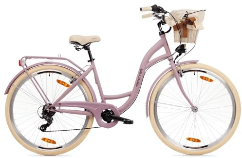 Goetze Mood Damen Fahrrad, City Bike 26/28 Zoll, 6/7-Gang mit Korb | Tiefeinstieg, Shimano-Antrieb, V-Brakes, LED-Beleuchtung, Reflektoren, komplett ausgestattet
