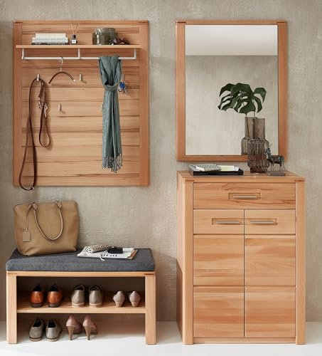 möbelando Garderoben-Set >Nature One< modernes Garderoben-Set mit massiver Kernbuche, FSC-Zertifiziert, 4-teilig, Softclose-Türen, Edelstahlgriffe, inkl. Spiegel & Schuhbank, zerlegt geliefert