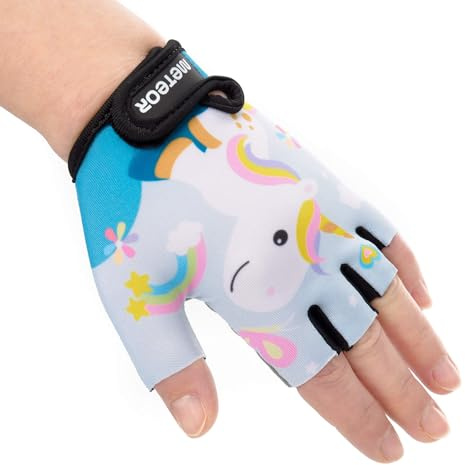 meteor Kids Cycling Gloves – Comfortable & Durable Cycling Gloves for children – Short Finger Design – Shock-Absorbing Foam – Adjustable Strap – Colourful & Breathable – For MTB, BMX, Road or Scooter