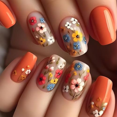 GlamRays Ongles à presser floraux courts carrés Ongles de printemps à presser orange moyen Faux ongles avec motif floral Ongles brillants floraux Faux ongles couverture complète 24 pièces