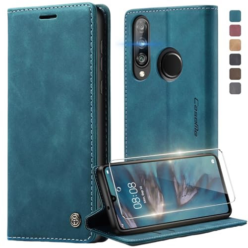 Deisyzy Handyhülle Kompatibel mit Huawei P30 Lite Hülle mit Schutzfolie, [Kartenfach] [Ständer] Premium PU Leder Schutzhülle, Magnet Klappbar Klapphülle Flip Case für P30 Lite - Blau