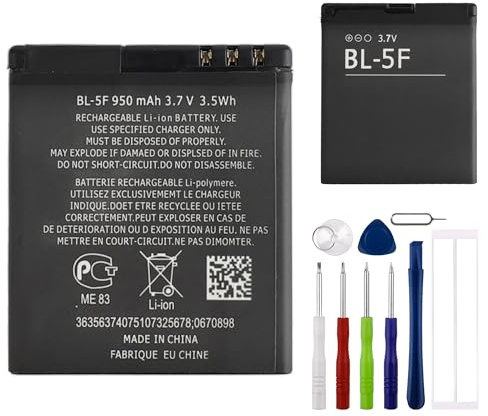 E-yiiviil Ersatzakku BL-5F Batterien 950mAh/3.7V Kompatible mit Nokia N95 N96 N93 E65 6210 6290 6710, with Tools