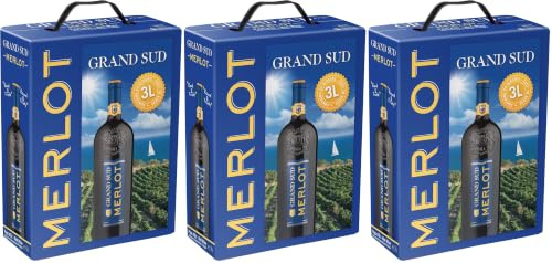 Grand Sud - Merlot aus Süd-Frankreich - Sortentypischer Trocken Rotwein - Großpackungen Wein Bag in Box 3l (1 x 3 L) (Packung mit 3)