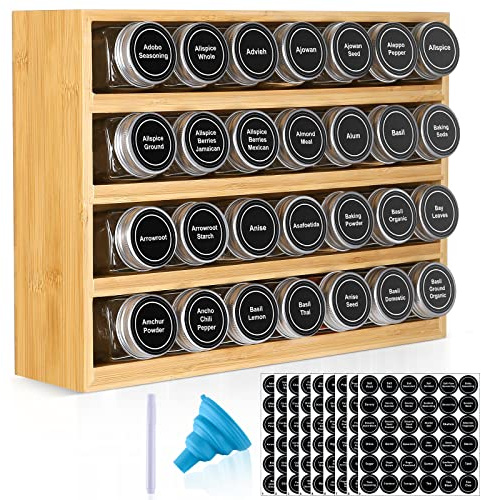 Portaspezie in bambù con 28 barattoli per spezie, 780 etichette, 4 livelli, pennarello a gesso e imbuto, per cassetti, armadi, piani di lavoro e montaggio a parete, barattoli di vetro vuoti da 4 once