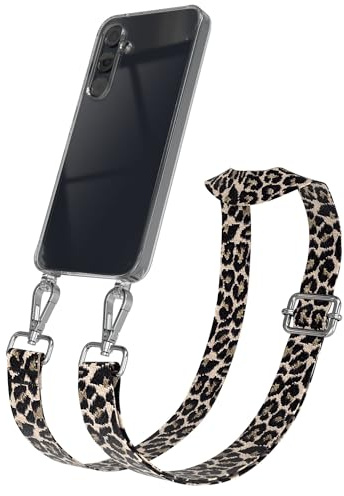 EAZY CASE Handykette - Verstellbares Taschenband kompatibel mit Galaxy A55, Schulterriemen, Handykordel mit Silikon Hülle, Umhängetasche, Leo - Schwarz Beige Silber