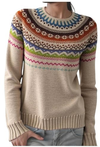 DhogSuai Pullover Damen Strickpullover Rundhals Sweatshirt Oversize Pulli Langarm Sweater Vintage Winterpullover Herbst Norweger Jumpers Fair Isle Damenpullover Strick Mode Outerwear