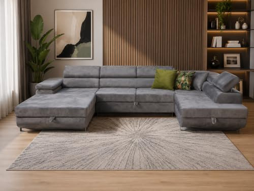 KMK GNYCH U-Form Sofa Rodos 345x202x90 cm, Schlaffunktion, Grau, Rechts | U-Form Sofa, Modern Couch mit Bettkasten, Weiches Sofa fürs Wohnzimmer, Schlafsofa, Eleganter Monolith-Stoff