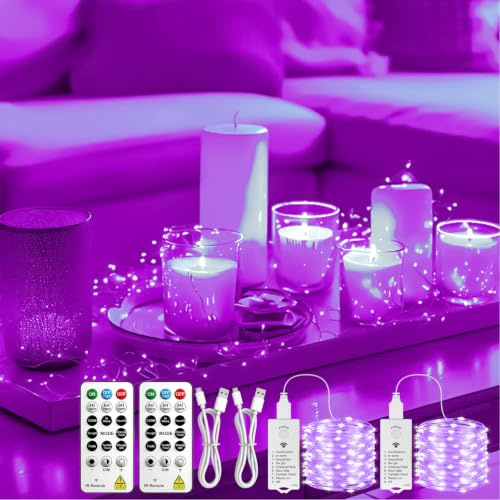 SINAMER Lichterkette Batterie Aufladbar, 2x10M 100 LED, Fernbedienung | 8 Modi und Timer, Lichterketten Innen Batterie, Wasserdichter Mini Draht,Deko Zimmer Weihnachten Party Außen (Lila)