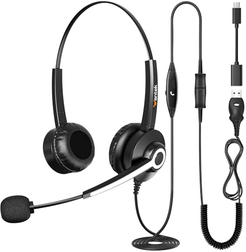 Wantek USB Headset mit Mikrofon für PC Laptop Büro, USB Stecker Typ-C Adapter Für Call Center Online Konferenzen Teams Meeting Skype, Zoom, Home Office, Online-Kurse
