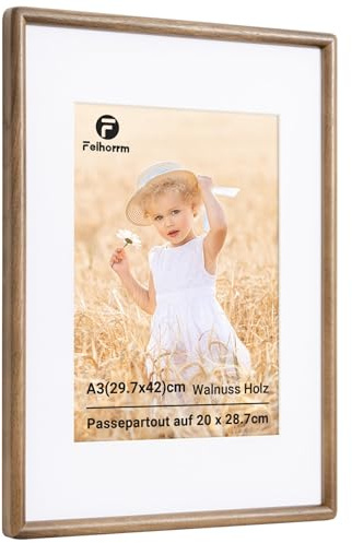 Feihorrm Bilderrahmen A3, Walnuss Fotorahmen mit Gehärtetem Glas | Rahmen mit Passepartout für 20x28.7cm Foto, Bilderrahmen Holz für Wohnzimmer, Schlafzimmer, Büro, Wandmontage