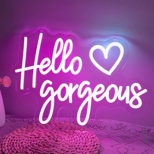 Hello Gorgeous Neonschild Pink Hello Beautiful LED Neon Lights with Dimmable Switch for Wall Decor Home Wedding Birthday Backdrop Girls Bedroom Makeup Room Decor
