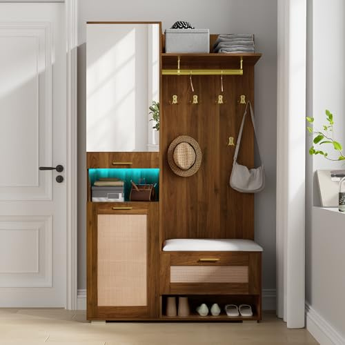 Juabett Garderoben-Set, Garderobe mit schuhschrank, Flurgarderobe mit Spiegel, Kleiderhaken, Schuhbank & Polsterkissen, Kompaktgarderobe mit LED & oberem Stauraumfach 110x38x190 cm, Walnuss