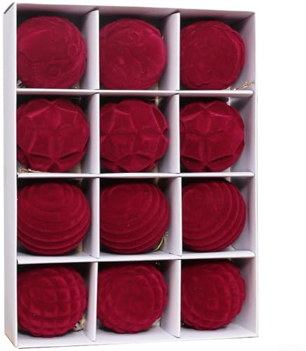HpLive 12 Stück Kunststoff Weihnachtsbaumkugeln 6 cm mit Samtoberfläche, mehrfarbig, Christbaumschmuck für Feiertage, Hochzeit und Party(Weinrot)