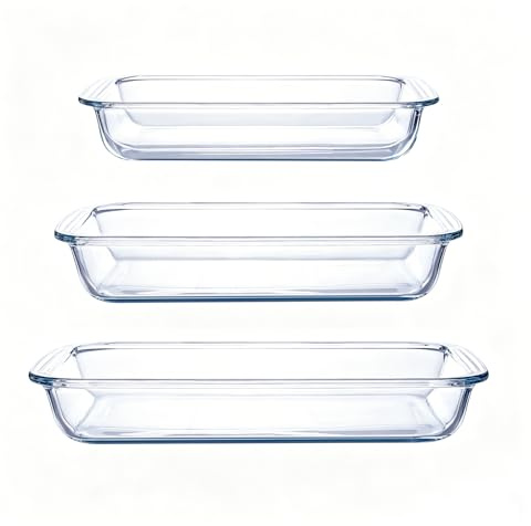 Backblech aus Borosilikatglas, 3-teiliges Set, 2,3 Quarts+1,6 Quarts+1,0 Quarts rechteckige Glas-Backform Behälter für Mikrowelle und Backofen, geeignet zum Kochen, Backen von Brot, Kuchen und
