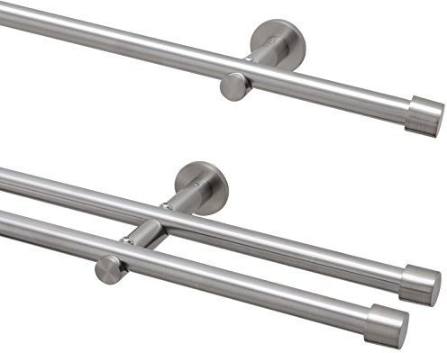 Garduna | 240cm Gardinenstange Cap | 2-lauf | Ø 16mm | Edelstahl-Optik | ohne Ringe | 2x120cm + Verbinder