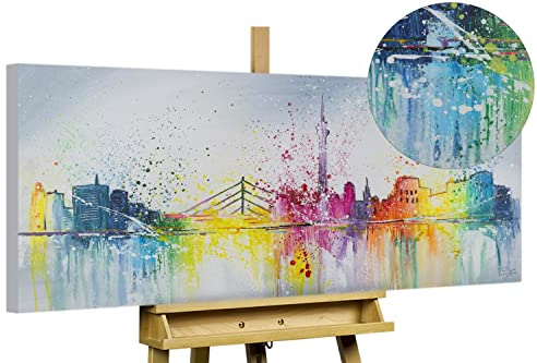 KunstLoft Leinwandbild | 100% HANDGEMALT | 120x60cm | Gemälde 'Düsseldorf Fever' | Skyline | Bunt Grau | Wandbild Wohnzimmer