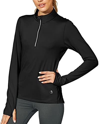 icyzone Women Workout Long Sleeve Shirts Yoga Running Tops 1/4 Zip Pullover Exercise T-Shirts with Thumb Holes (M, Black)