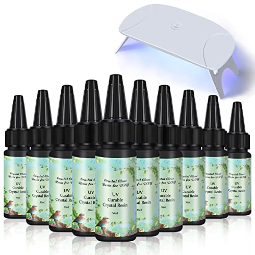 10x30ml UV Epoxidharz Kristallklar Transparent + Kompakt Tragbare UV Lampe, UV Härtbar Klar Harz Kleber DIY Schmuck Machen Handwerk Kit für Anhänger Ohrringe Halsketten Armbänder Nail art Zubehör