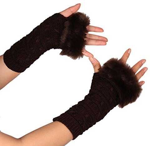 MoreChioce Kunstfell Armstulpen,Damen Winter Wärm Handschuhe Kunstpelz Handwärmer Manschetten Gestrickte Stulpen Handstulpen Armmanschette,Kaffee