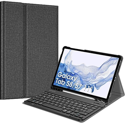 Fintie Tastatur Hülle für Samsung Galaxy Tab S8 11 Zoll 2022 /S7 11 Zoll 2020 Tablet, Keyboard Cover mit Magnetisch Abnehmbarer Deutscher Bluetooth Tastatur, Jeansoptik Dunkelgrau