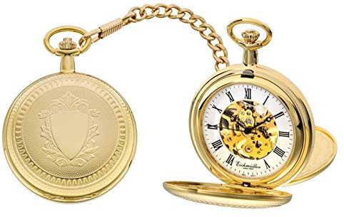 Eichmüller mechanische Messing Skelett Taschenuhr Gold mit Kette und Etui