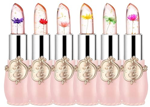 TITIMORE 6 Stück Kristall Gelee Lippenstift mit Blume Magische Temperatur Farbwechsel Lippenbalsam Flower Jelly Lipstick langanhaltend Feuchtigkeitscreme klar Lipgloss(Rosa)