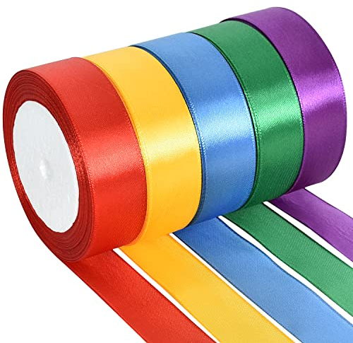 TONIFUL 5 Farben 115M x 25mm Satinband Geschenkband Schleifenband Stoffband Dekoband Stoff Bänder zum Basteln und Geschenk Verpacken, Dekoration, Blumen, Basteln, Dunkler Regenbogen(23M/pro Volumen)