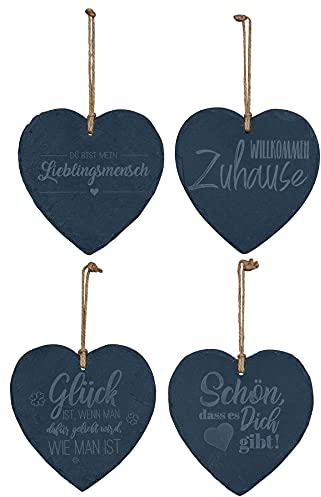 4er Set Schiefertafel Herz 20x20cm Sprüche Schieferplatte Memotafel Türschild Dekohänger Love Liebe Geschenk Schild Wanddeko